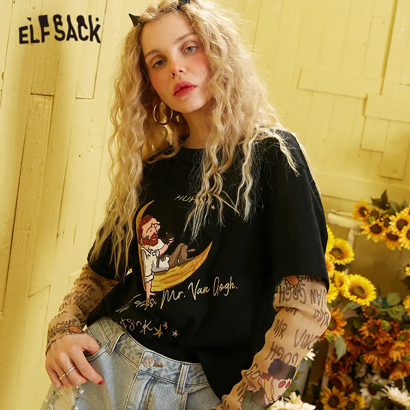 Женская футболка с длинными рукавами ELFSACK черная Повседневная аппликацией Ван