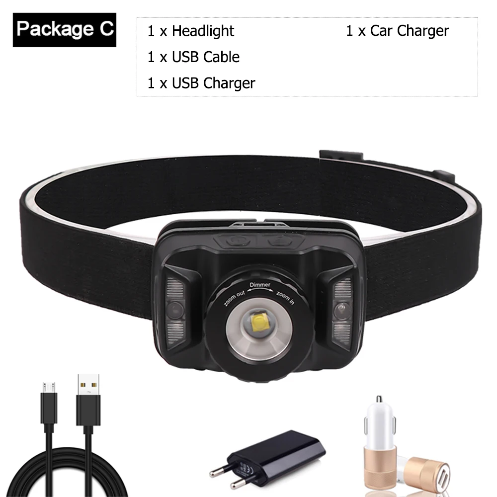 Package C Мощный налобный фонарь с датчиком движения, головной светильник с зарядкой от USB, головной светильник с зумом, передний светильник, водонепроницаемая Налобная лампа - Испускаемый цвет: Package C