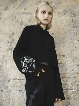 

PUNKRAVE Chinese Style Large Size Hooded Sweater Female Autumn Black Thin Short Paragraph Loose Hooded Shirt Casual