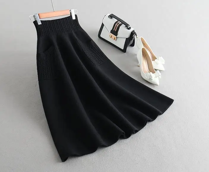 Зимняя женская Шерстяная трикотажная юбка плотная трикотажная длинная юбка новая юбка с карманами Модная трикотажная юбка - Цвет: black