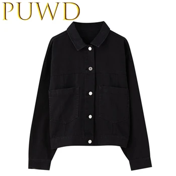 

PUWD 2020 Spring new women's pocket denim single breasted coat four color fashion loose jacket Cyan