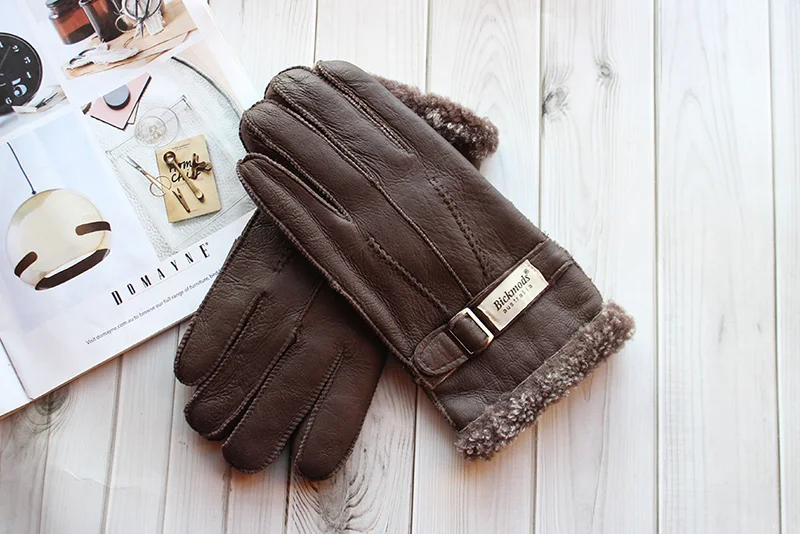 Sheepskin Fur Gloves Men Leather Thick Winter Warm Outdoor Wind and Cold Handmade Sewing Finger New Bickmods Brand