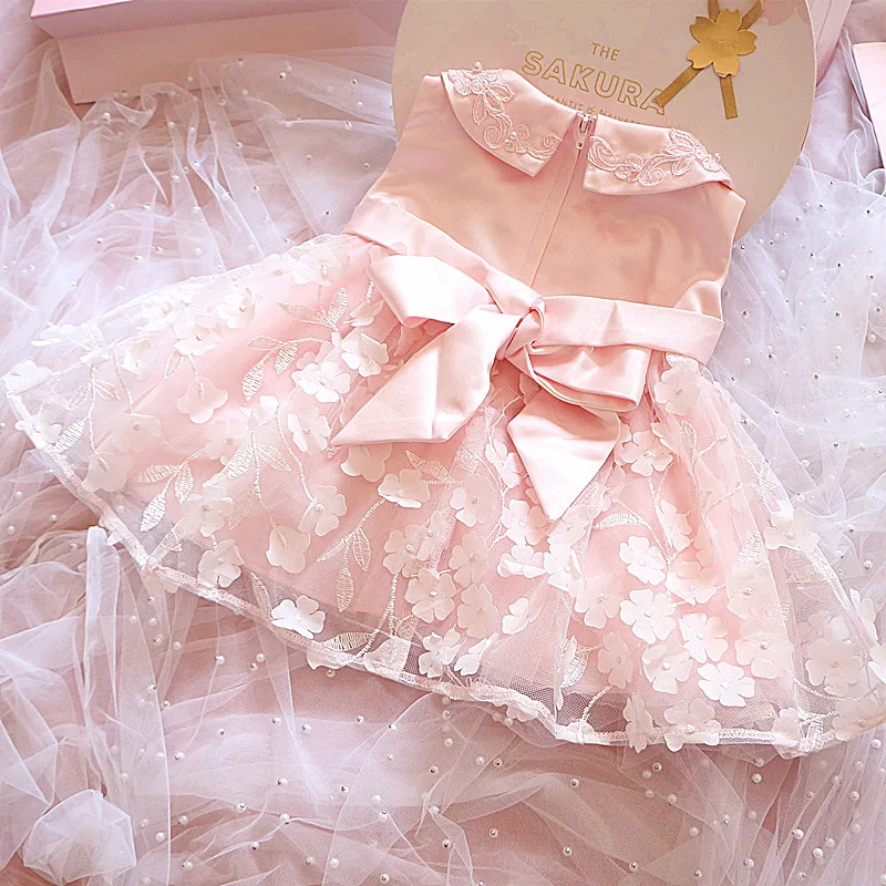 Платье с цветочным узором для маленьких девочек; цвет белый, розовый; кружевное платье принцессы на день рождения, свадьбу, вечеринку; платье на Рождество; платье на крестины; Vestido infantil