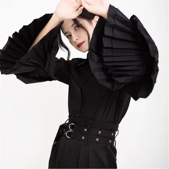 

Women Blouses Casual Cotton Full New Pleated Ruffled Trumpet Sleeve Shirt Female Design Niche Shirt Women Tops Solid Fashion