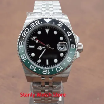 

Luxury Bliger 40mm Black Sterile Dial Luminous Black Ceramic Bezel GMT Function Jubilee-Band Automatic Movement Men's Watch