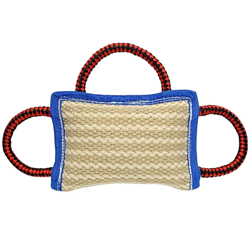 3 Handles Tough Jute Dog Bite Pillow Linen Dog Tug Toy Aggressive Chewers Biting Pad Interactive Pull Chew Toy for Medium Large