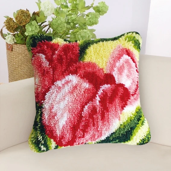 Smyrna Flower Latch Hook Kit Mats Cushion Pillow DIY Crafts Flower Cushion Embroidery Latch Hook Rug Needlework Button Packages