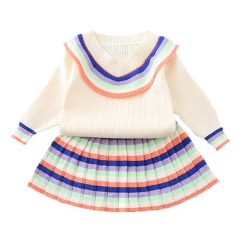 

Baby girl knitted dress suit kids clothes cute toddler Sweater princess knitted dress striped rainbow color sweet girl clothing
