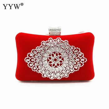 

Velour Clutch Bag Female Rhinestone Clutch Evening Bags Over Shoulder Chain Red Black Luxury Wedding Bag Party Crystal Purse