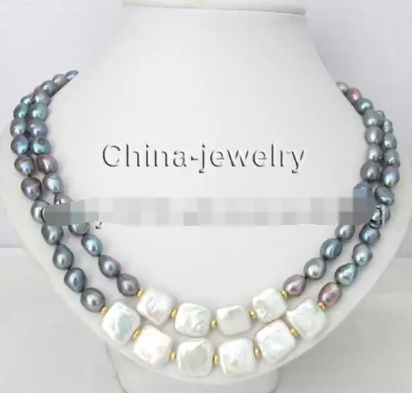 

P8143 - 17-18" 2row 8-9mm white & black baroque freshwater pearl necklace -