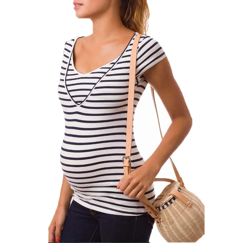

Pregnancy Clothes Maternity Clothing Nurse Tee Pregnant Women Breastfeeding Tee Nursing Tops Striped Short Sleeve Summer T-Shirt
