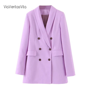 

New Arrival Office Style Womens Blazer Suit Jacket Double Breasted Female Lilac solid casual Coat zora lavender blazer de mujer