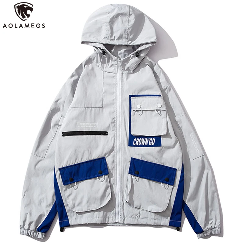 

Aolamegs Jackets Men Cool Letter Print Jacket Hooded Tracksuit Casual Solid Color Big Pockets Coats Cargo Couple Windbreaker