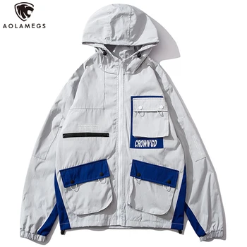 

Aolamegs Jackets Men Cool Letter Print Jacket Hooded Tracksuit Casual Solid Color Big Pockets Coats Cargo Couple Windbreaker