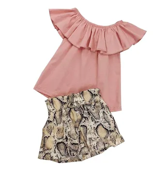 

Baby girl clothing set pink ruffled tunic lace neck with leopard print shorts