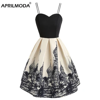 

Women Vintage Sling Dress Retro Casual Building Printed Spaghetti Strap 50s Robe Sundress Party Dress Black Silhouette Dress