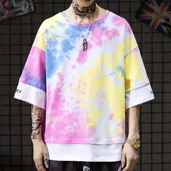 

2020 New Summer Style Men Tie Die Tshirt Streetwear Loose Fit Fake 2 Pieces Harajuku Tees For Male O-neck Plus Size S-3XL