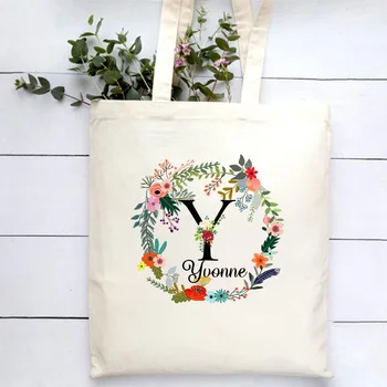 

Flower Print Letter Name Tote Bag Canvas Cute Reusable Shoulder Shopping Bags Women Lady Handbags