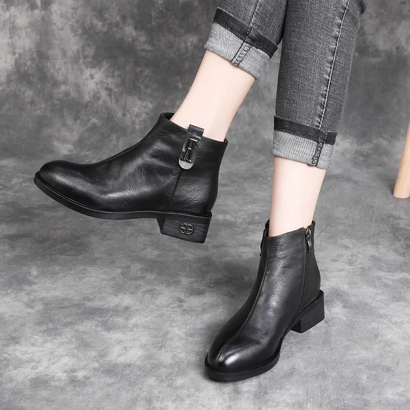 

Smile Circle Winter Ankle Boots for Women Genuine Leather Chelsea Round toe Warm plush Short Boots Women's Shoes High-quality