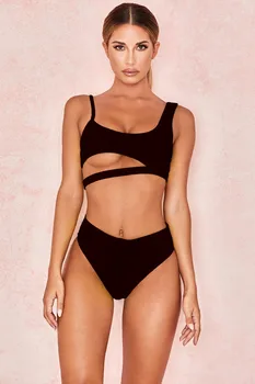 

None Hollow out Bikini 2019 Solid Swimwear women High cut Swimsuit Female Push up bathing suit two piece suit biquini