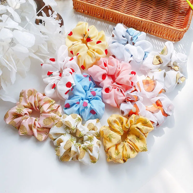 

New Women Sweet Mesh Hair Rope White Chiffon fruit Print Hairband Intestine Hairband Girls Lady Fashion Hair Accessory headwear