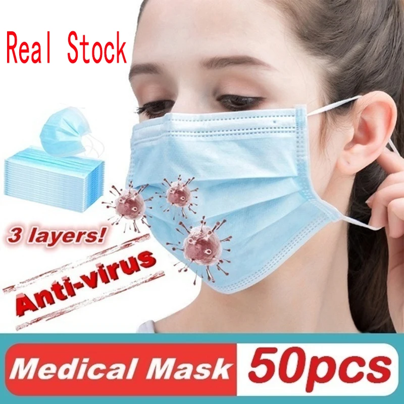 

50pcs Face Mask Anti-virus Protective Cover 3-Ply COVID-19 Anti-influenza Face Mouth Mask Safety Earloop Disposable Dust Mask