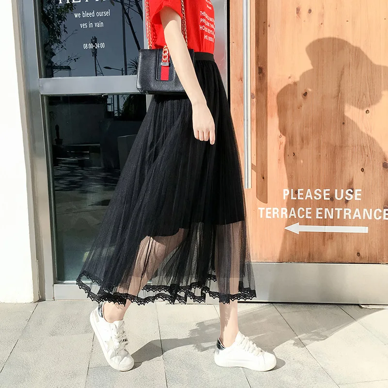 Tulle Black Midi Skirt Lace Pleated Skirt Tutu High Waist Harajuku Skirts Womens Boho Zaful Bohemian Japanese Style