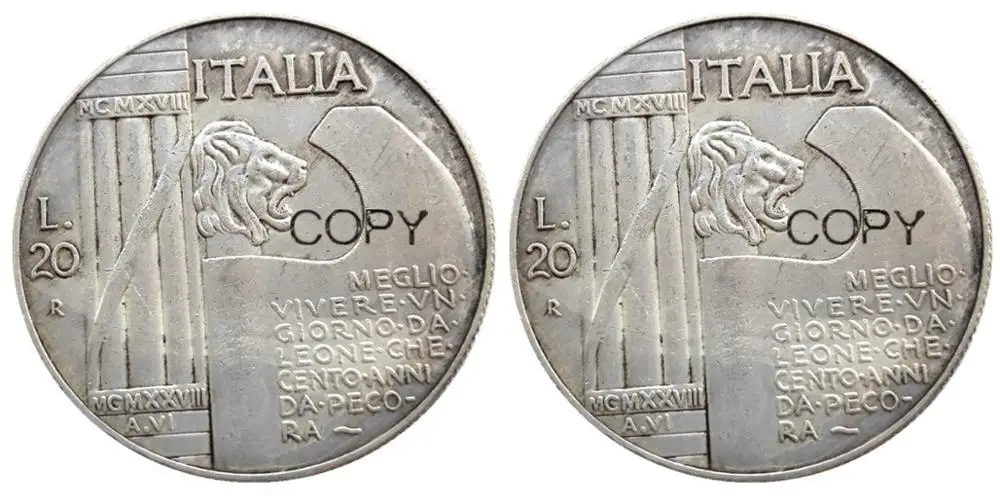 MORUZZI-VICTOR EMMANUEL III 1900-1943 20 LIRE Elmetto 1928 или 1943 2 шт посеребренные копии монет