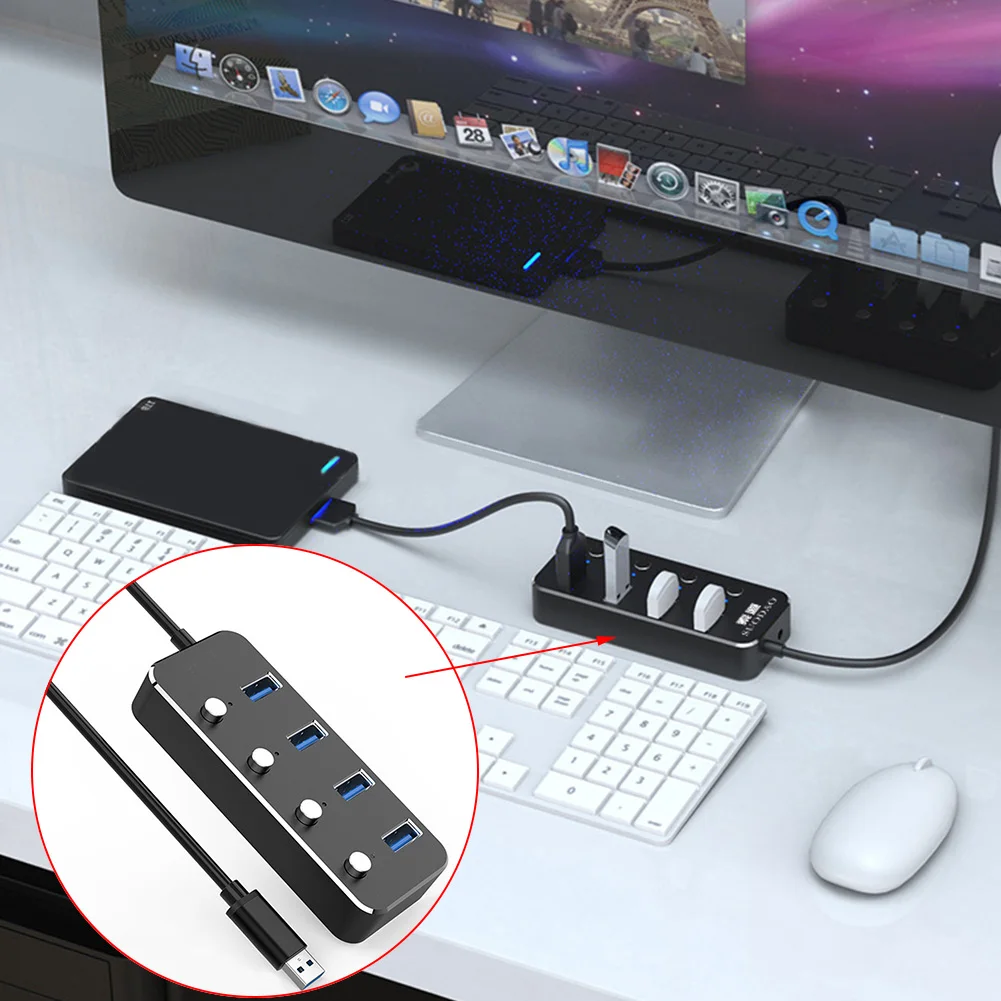 Питание Алюминий сплав сплиттер usb-хаб Портативный ПК 4-Порты и разъёмы высокое Скорость переключатели светодиодный индикаторы удлинитель для головок Универсальный умный дом