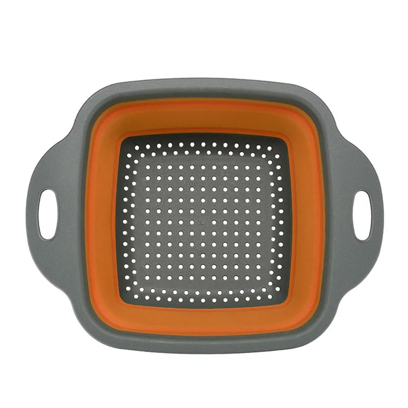 Orange Квадратная Складная Силиконовая дренажная корзина, кухонный Органайзер, корзина для очистки овощей и фруктов, складная корзина для мытья - Color: Orange