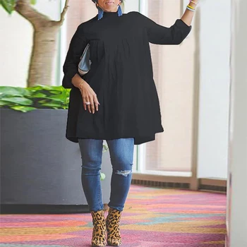 

Bohemian Party Dress 2020 Autumn Winter Long Sleeve Turtle Neck Solid Color Dresses VONDA Plus Size Beach Sundress Femme Vetidos