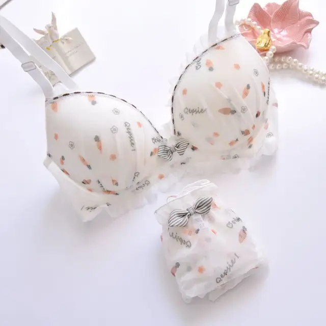Plus Size Kawaii Push Up Bra Sets Girl Cute Bow Floral Bra Summer Dot Small Fresh Comfortable Underwear ABCD Cup Carrot