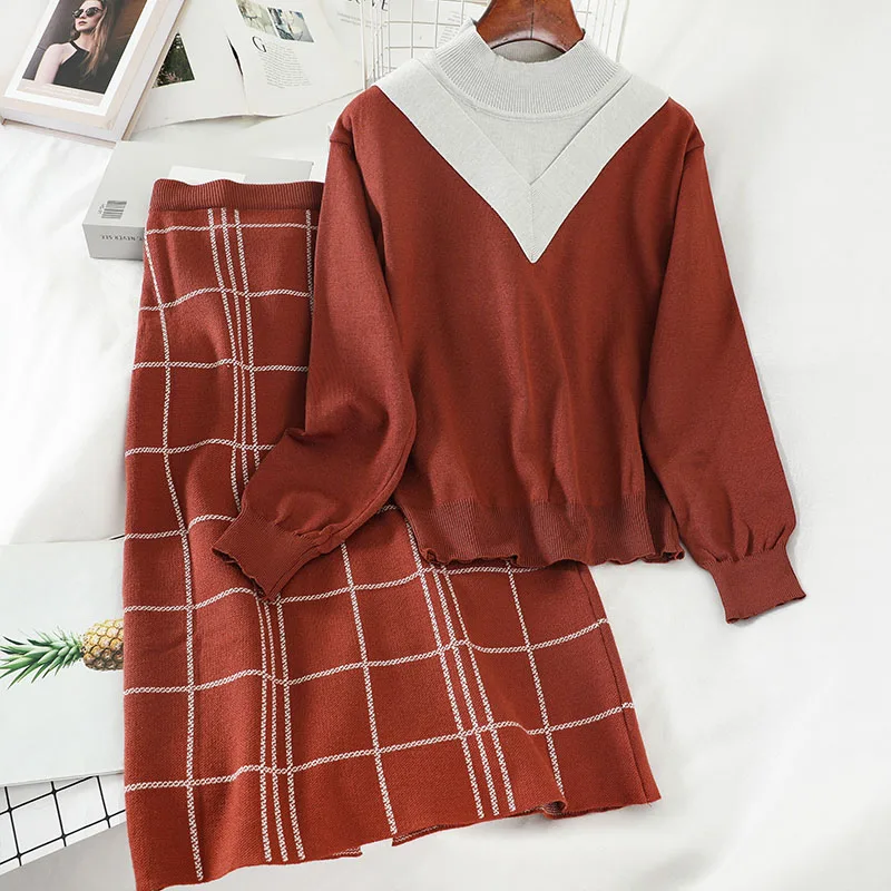 

Mooirue 2019 Winter Kintting Set Women Vintage Streetwear Turtleneck Pullover Striped High Waist Skirt Korean Style Warm Sets