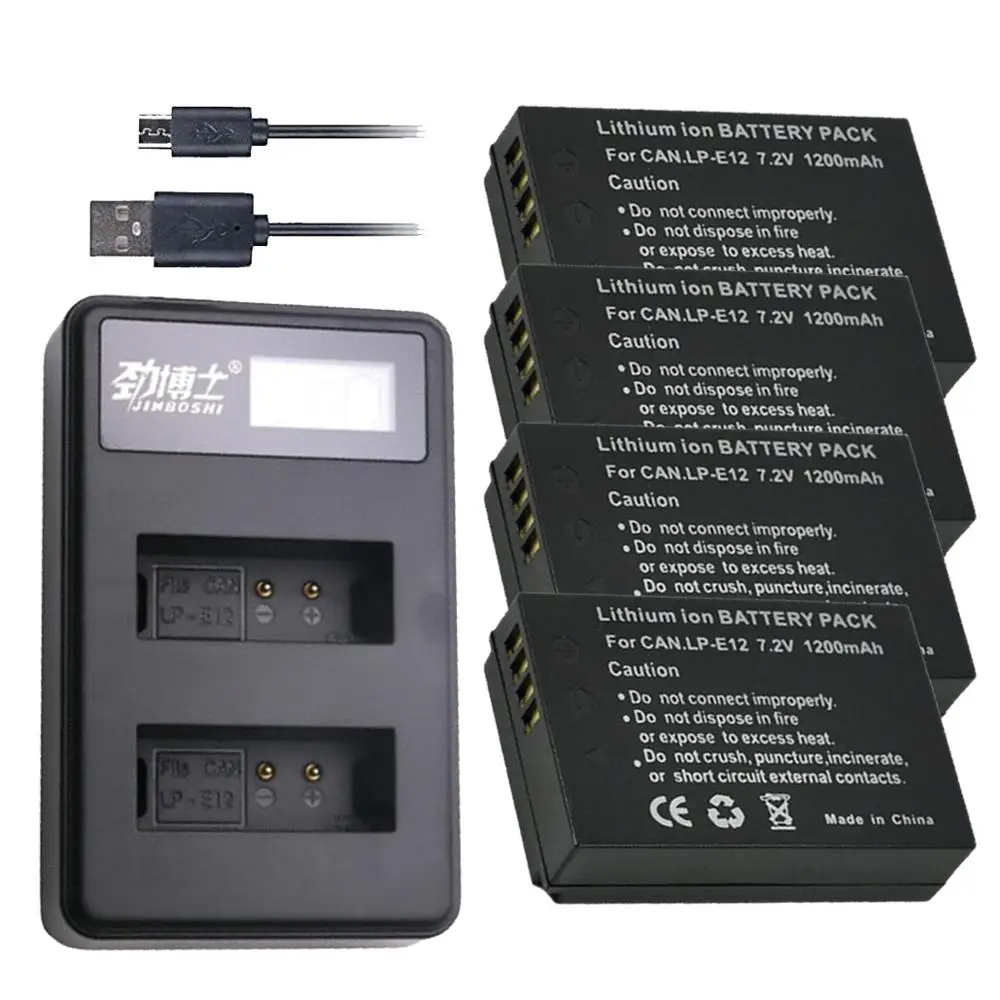 4Pcs 1200mAh LP-E12 LPE12 LP E12 Camera Li-ion Battery + LCD USB Charger for Canon M 100D Kiss X7 Rebel SL1 EOS M10 M50 DSLR | Электроника