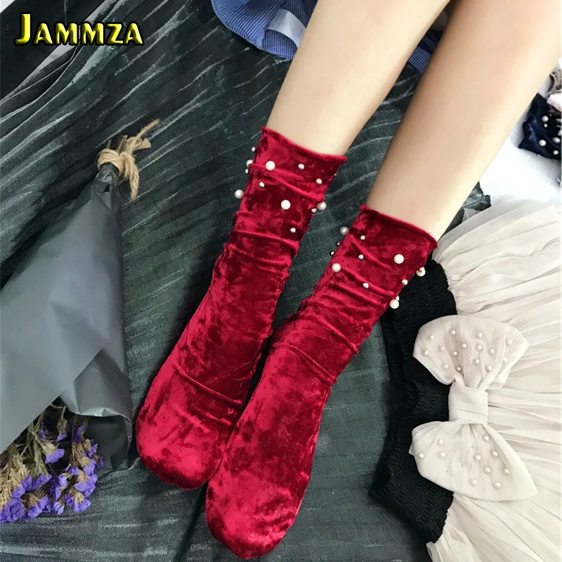 

Autumn Winter New Gold Velvet in Women's Socks Noble High Quality Elasticity Socks Retro Mosaic Pearl Lady's Sexy Long Socks