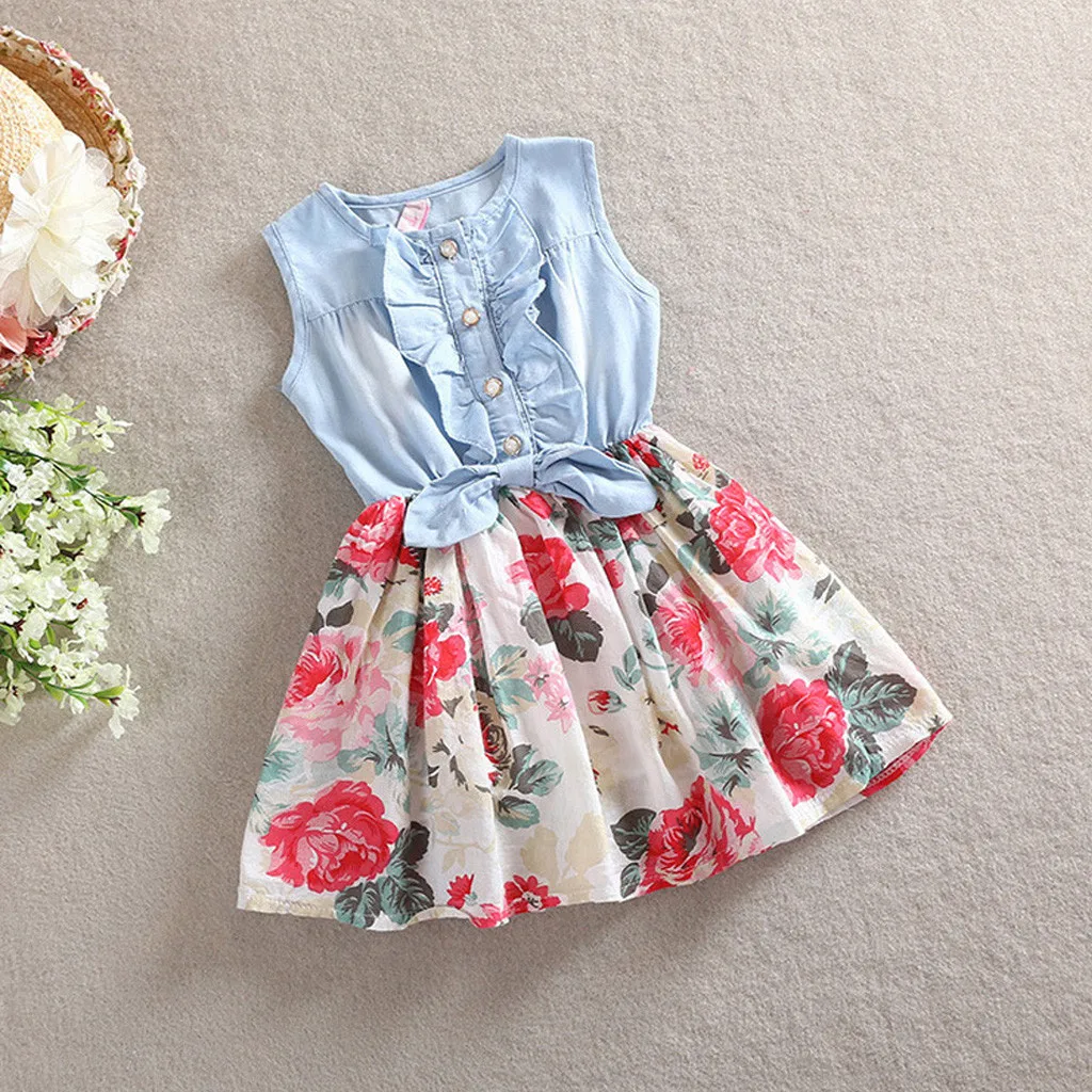 

(1Y-9Y) Girls denim stitching floral dress summer refreshing fashion bow print sleeveless princess плае ленее فسات بات S4