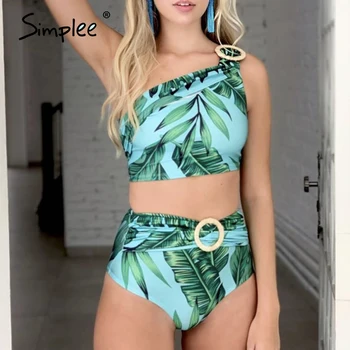 

Simplee Leave print swimsuit female Vintage high waist bikinis 2020 One shoulder swimwear women Summer biquinis Bathing suit