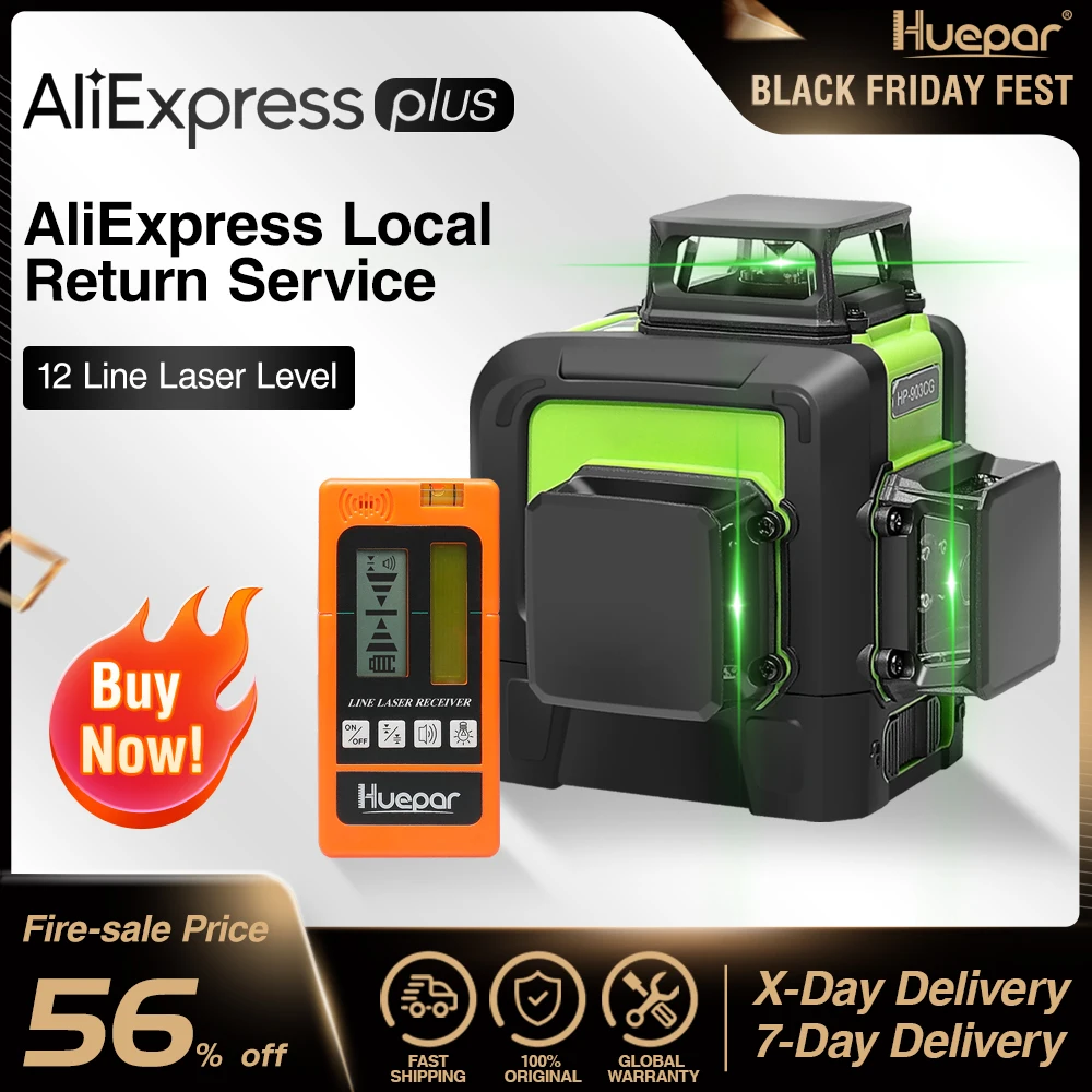 US $150.80 Huepar 12 Lines 3d Cross Line Laser Level Green Laser Beam Self Leveling 360 Vertical Horizontal With Digital Lcd Laser Receiver