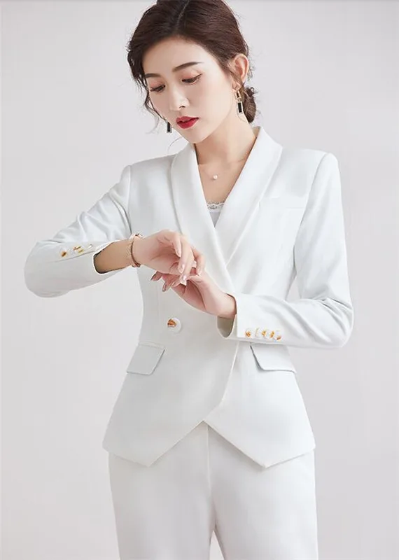 Women Formal White Single Breasted Office Lady Suit Costumes For Work Slim Casual Plus Size Jacket Blazer Pants Female Outfits