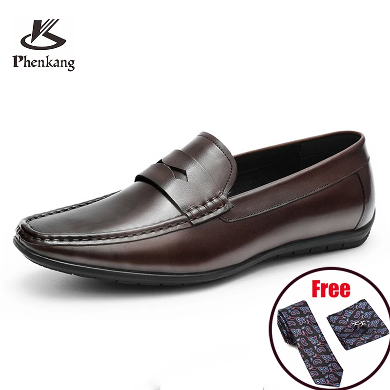 Phenkang Men Leather Summer Casual Shoes Male Sneakers loafer Mens Slip On Coffee Men's Genuine Leather Loafers Driving Shoes