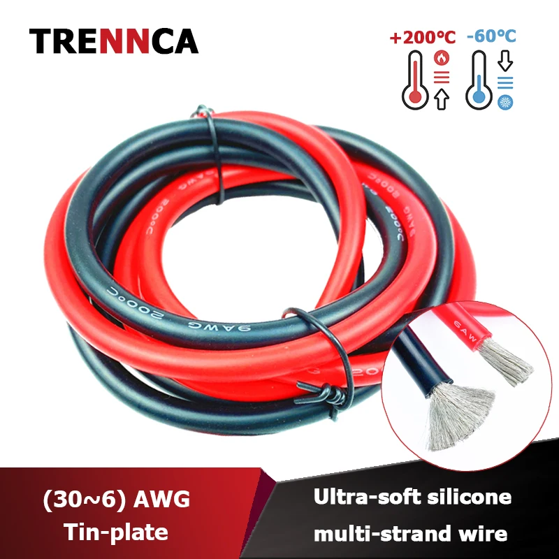 Cable de silicona de color rojo y negro resistente al calor Cable de batería de cobre estañado súper suave 26/24/22/20/18/16/14/12/10/8/6/4AWG, Cable de seguridad para bricolaje