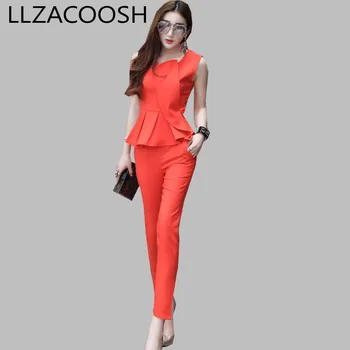

Summer Women Formal 2 Piece Pant Suit 2019 Fashion Sleeveless Ruffles OL Blouse Top + Slim Work Long Length Pants Set