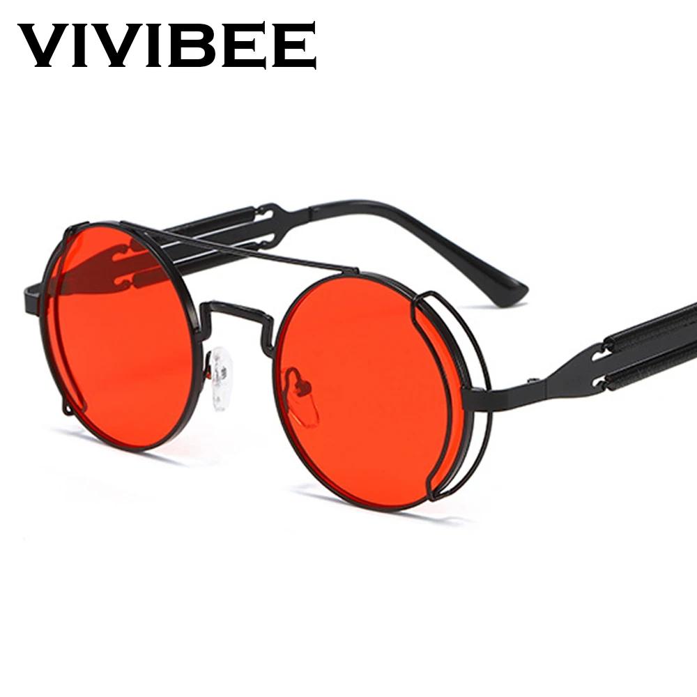 VIVIBEE Steampunk Sunglasses Men Round Red Lens Punk Sun Glasses Black Metal Gothic Style 2022 New Products Women UV400 Shades