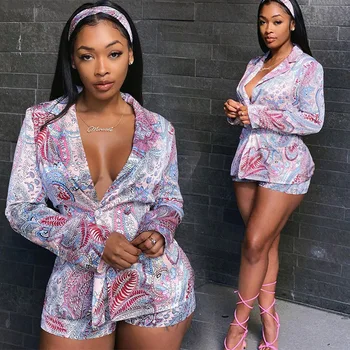 

Autumn Women Print Business Suit Two Piece Sets Chic Design Turn-Down Collar Single-Breasted Coats High Waist Shorts Set Outfits