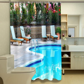 

3d Shower Curtains Fancy Pool View Seascape Pattern Waterproof Bathroom Curtain Thickened Fabrics Bath Curtain Customizable