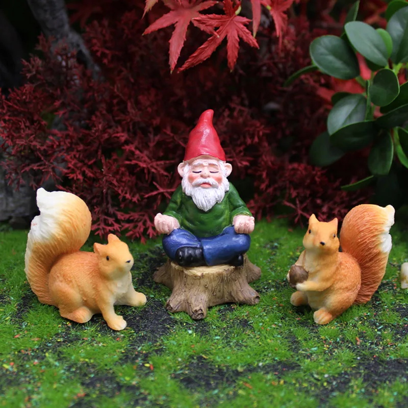 1 Set Mini Fairy Garden Drunk Yoga Gnomes Miniature Ornaments Set Dwarf Bonfire Statues for Flowerpot Garden Decor Accessories 