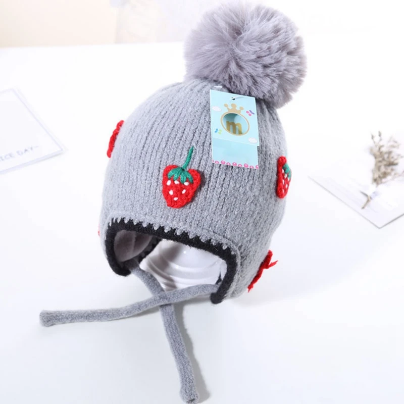 5 Colors Cute Baby Hat with Strawberry Knitted Winter Bonnet Infant Baby Cap Solid Kids Hats for Boys Girls 6-24M