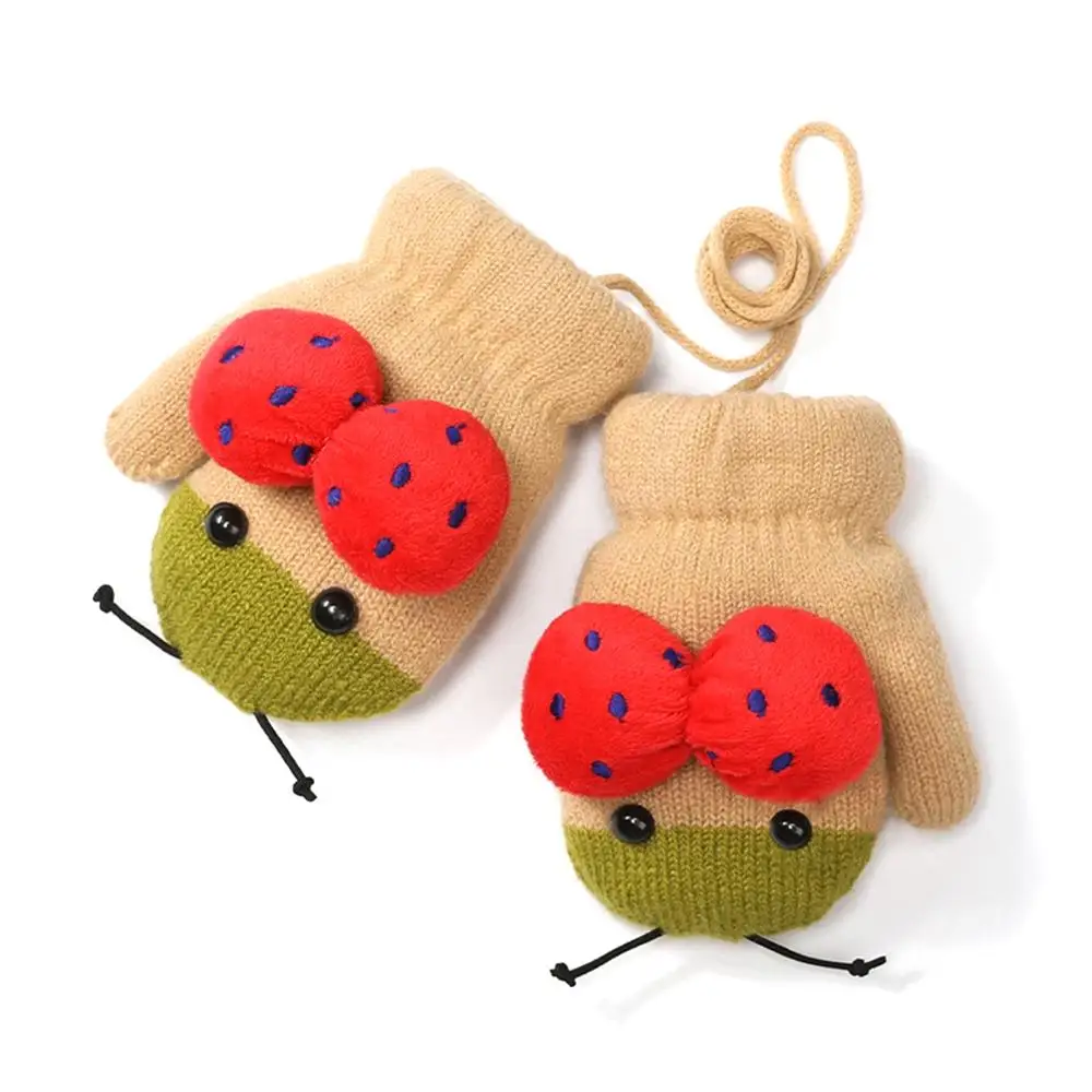 

Thermal Kids Winter Gloves Knitted Mittens Ladybug Shape Soft Breathable Gloves Neck Hanging For Baby Boys Girls Sportswear