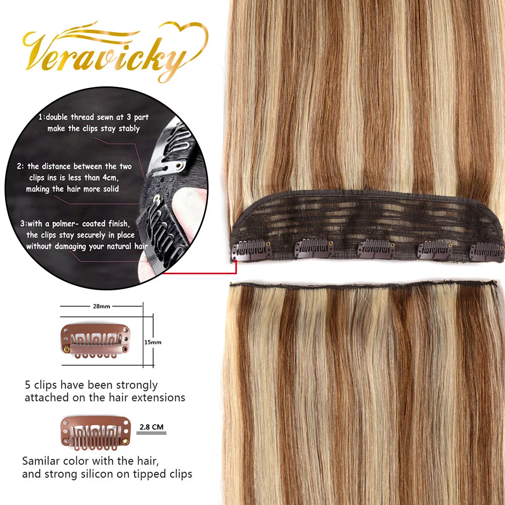 14"-24" Piano Color One Piece Clip in 100% Real Human Hair Extension 1Pcs/5 clips Machine Made Remy Natural Straight Hair