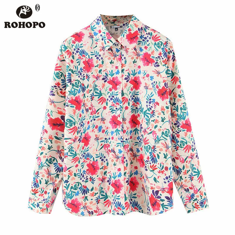 Prix ROHOPO femme Floral manches longues Blouse élégant automne haut imprimé chemise évasée ourlet Chic fille Blusa #7038
